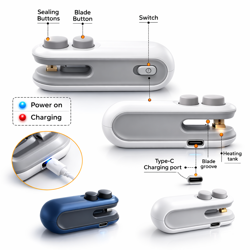 Portable Mini Sealer 2 in 1 Heat Bag Sealing Machine USB Rechargable Heat Sealer Food Storage Sealing Clip Packaging Sealer